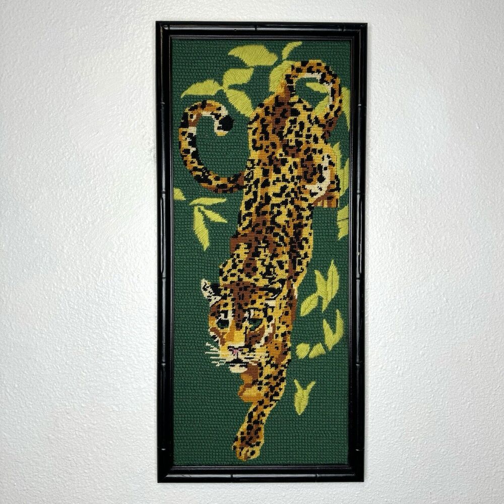 Vintage Leopard Needlepoint Black Bamboo Type Frame Green Hollywood Regency Art - Picture 1 of 16